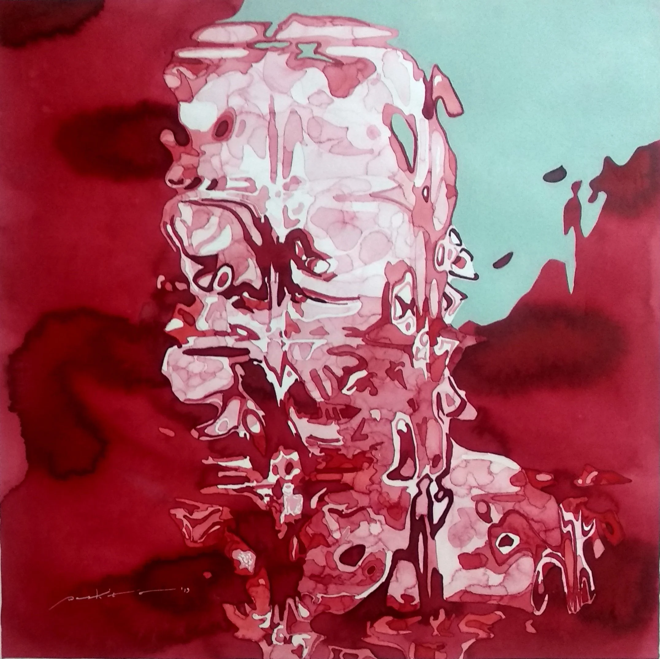 An abstract watercolor painting featuring a stylized face outline, with a background blending light aqua and red hues. The face appears in shades of pink and white with black outlines. The artwork emphasizes fluid lines and expressive color use.