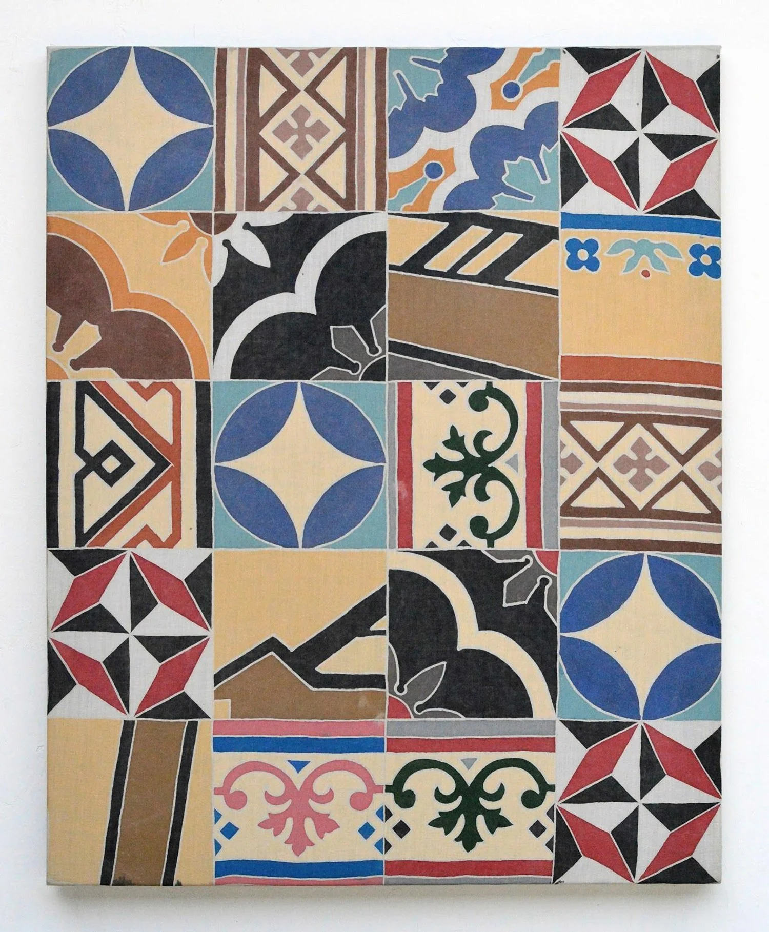 A colorful mosaic tile artwork composed of various geometric and floral patterns in shades of blue, red, black, brown, yellow, and green, arranged in a grid.