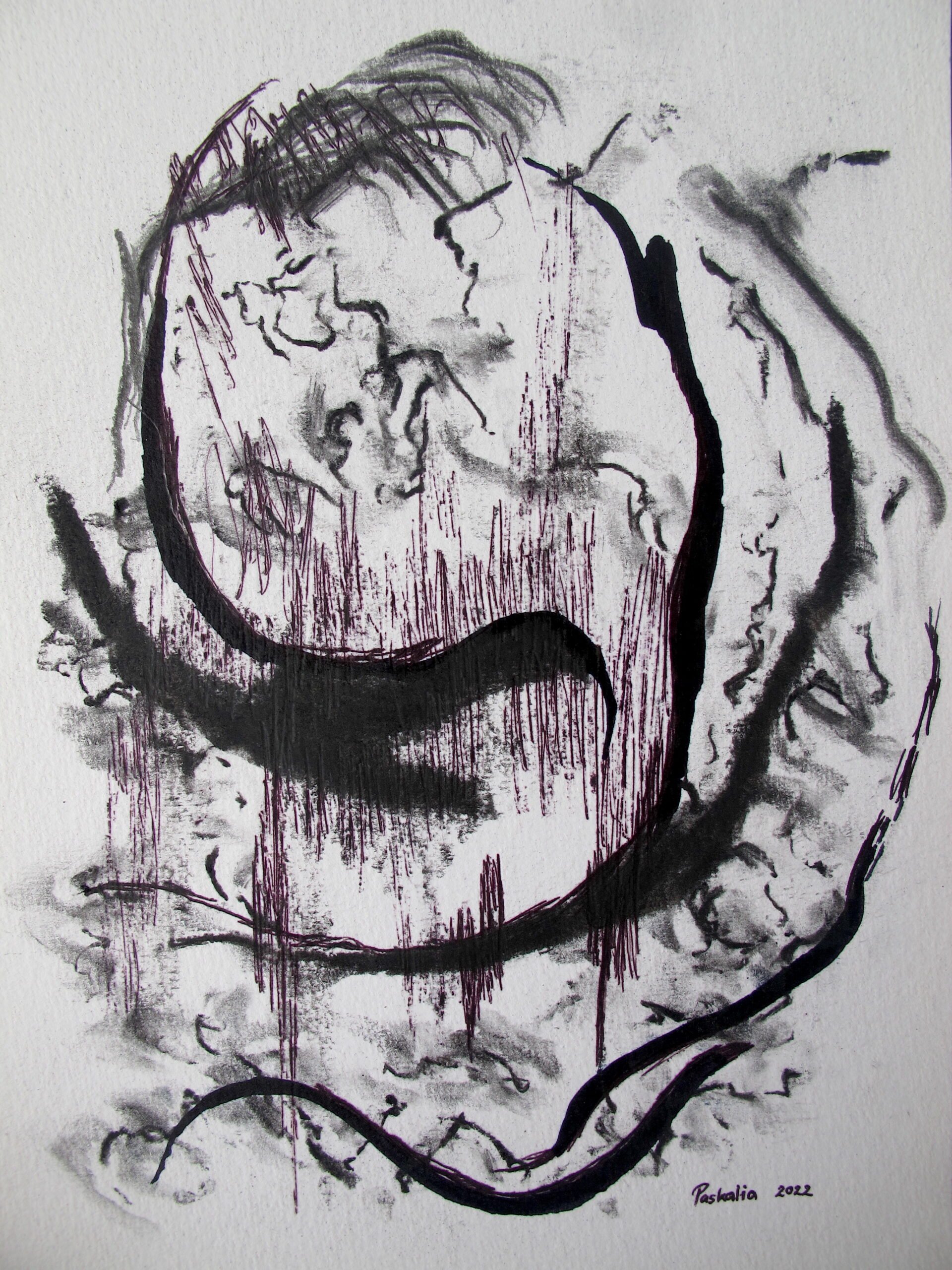  Swimming In The Darkness 
 Charcoal, pen and pencil on paper 
 21 cm x 29,5 cm, 2022 