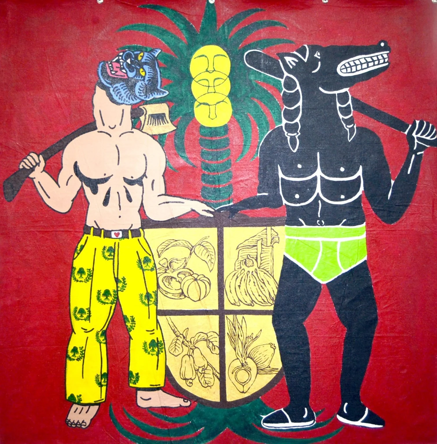 Two anthropomorphic characters with animal heads and muscular bodies shaking hands, standing in front of a red background with a coat of arms design depicting various vegetables. The character on the left has a blue feline head, no shirt, yellow pant