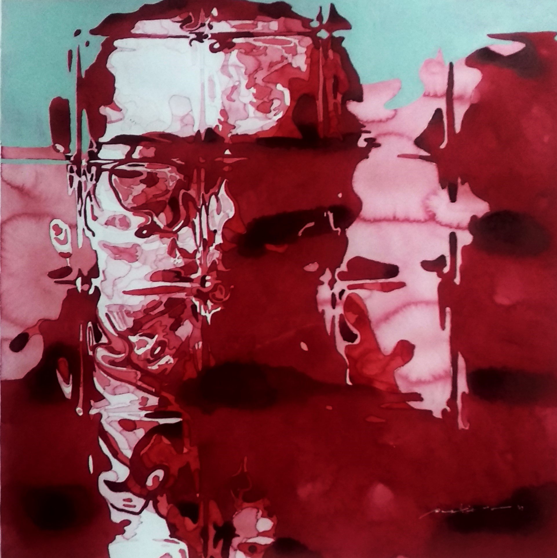 Abstract painting with red, pink, white, and greenish colors, featuring irregular shapes and blurry details.