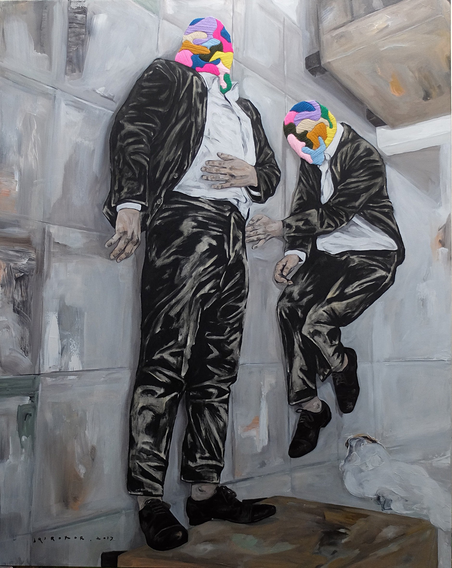  Iqi Qoror 
 Berdiri Dengan Cara Terlentang 
 Acrylic, charcoal and wool on canvas 
 150 cm x 120 cm, 2017 