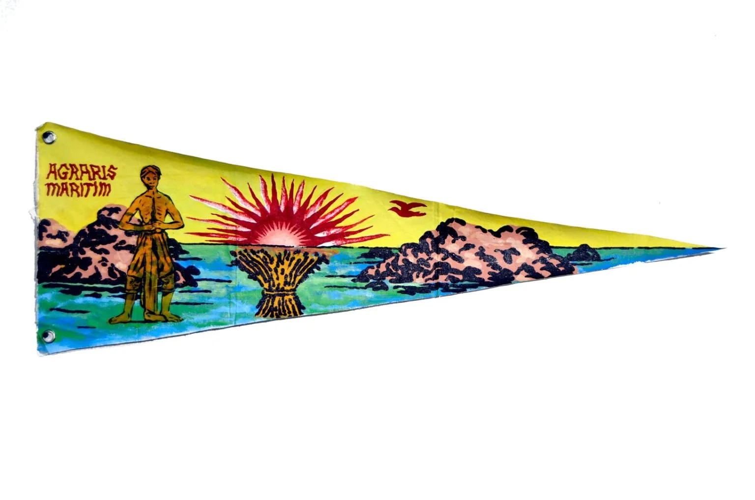Colorful pennant featuring a man standing by the water, a sunset, mountains, and a bird, with the text "AGARIS MARITIM" in the upper left corner.