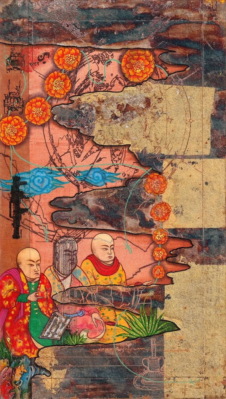 A traditional, colorful Asian painting on aged paper depicts three monks or scholars in robes, surrounded by spiritual and natural elements like lotus flowers, clouds, and trees, with a weathered appearance.