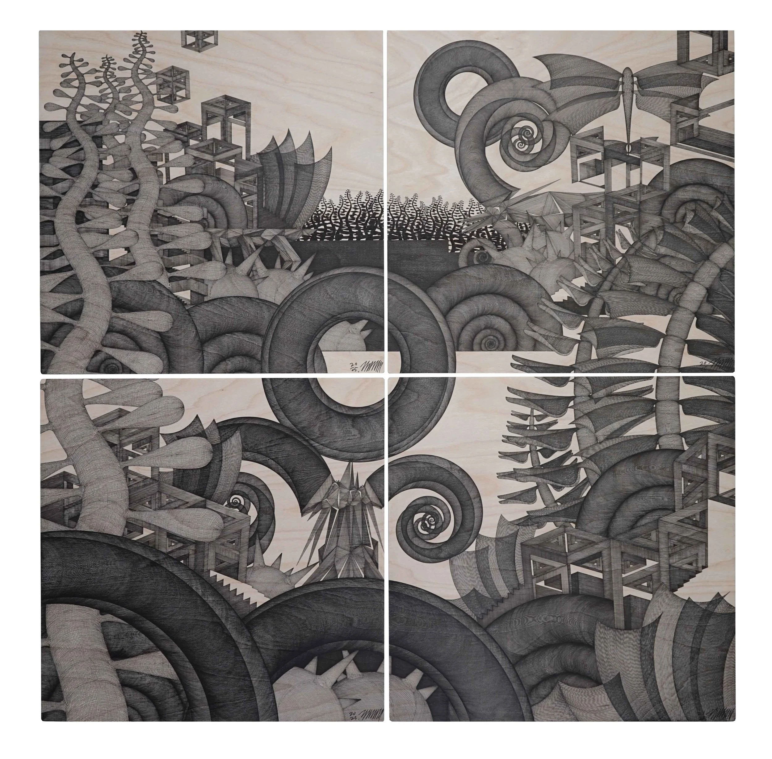  Shape of Anxiety #205, 206, 207, 208 
 Pen on birchwood panel 
 50 x 50cm x 4, 2025 