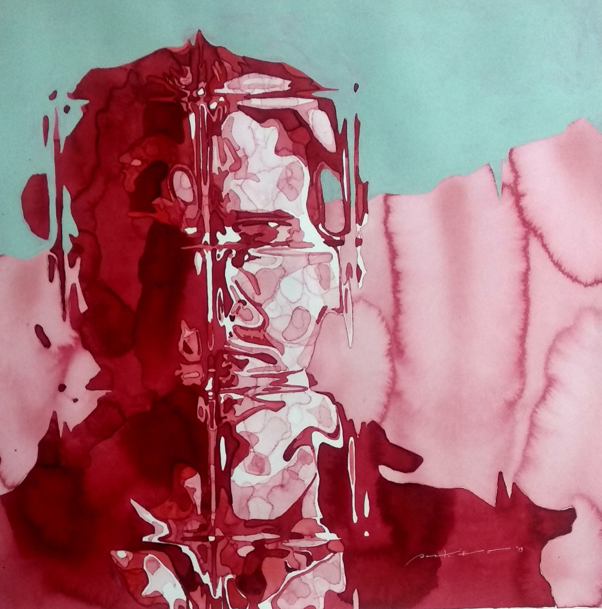 Abstract watercolor painting of a face with red, pink, white, and teal colors, blending and dripping together.