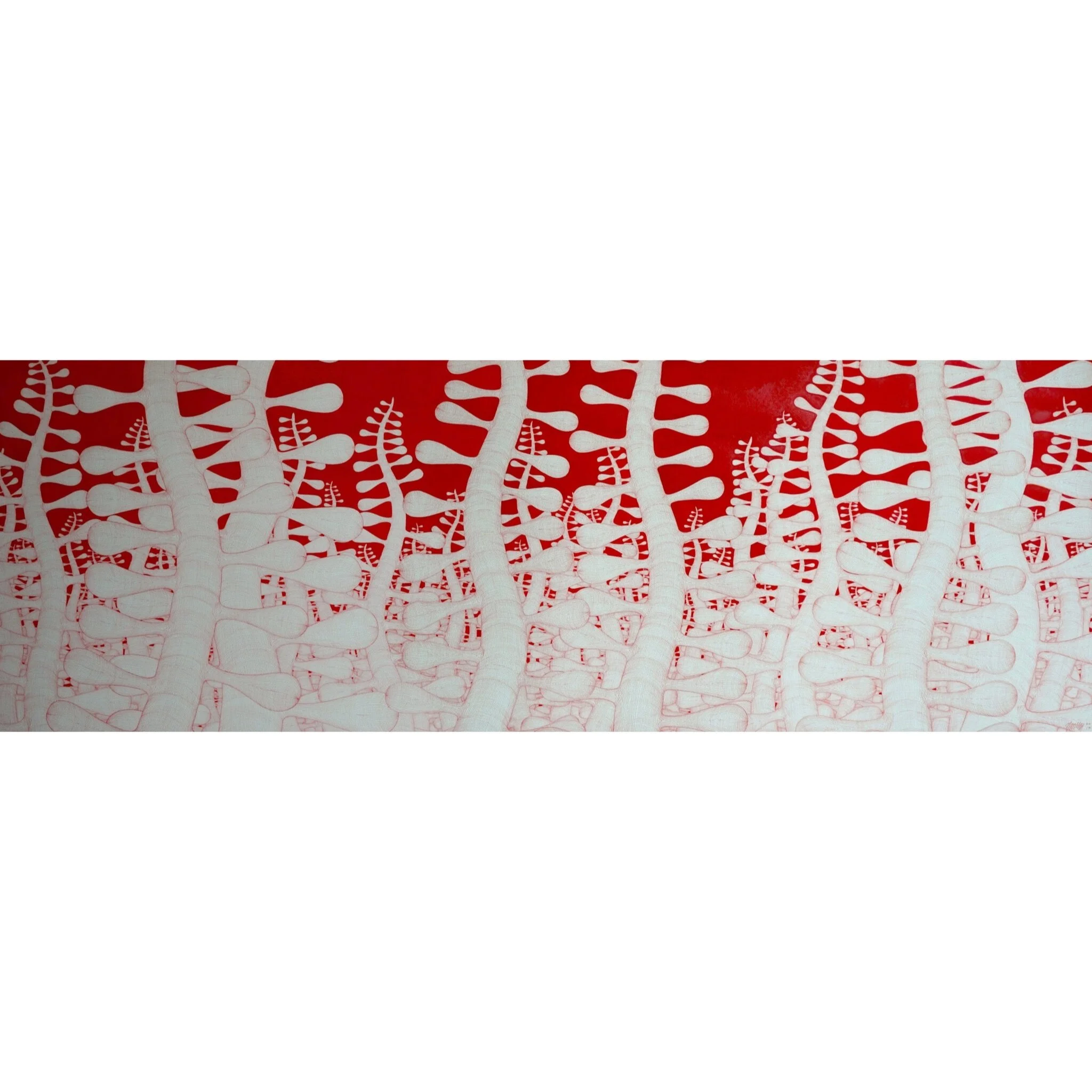  West woods in red #26 
 Pen and acrylic on paper 
 200cm x 69cm, 2017 