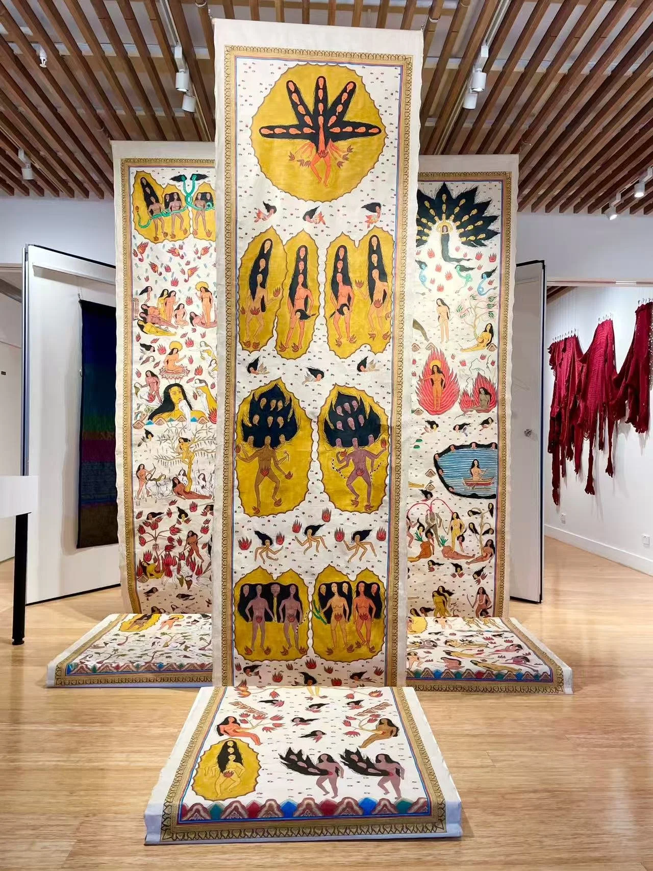  Citra Sasmita 
 Timur Merah Project: The Embrace of My Motherland 
 Synthetic polymer paint on traditional Kamasan canvas, 3 panels 
 90cm x 400cm each, 2019 