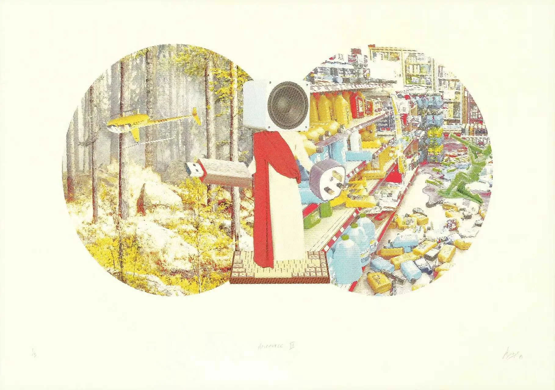 An abstract illustration split into two sections. The left shows a wooded outdoor scene with a yellow airplane flying through trees and sunlight filtering through. The right depicts a colorful, detailed scene of a toy store or workshop with shelves o