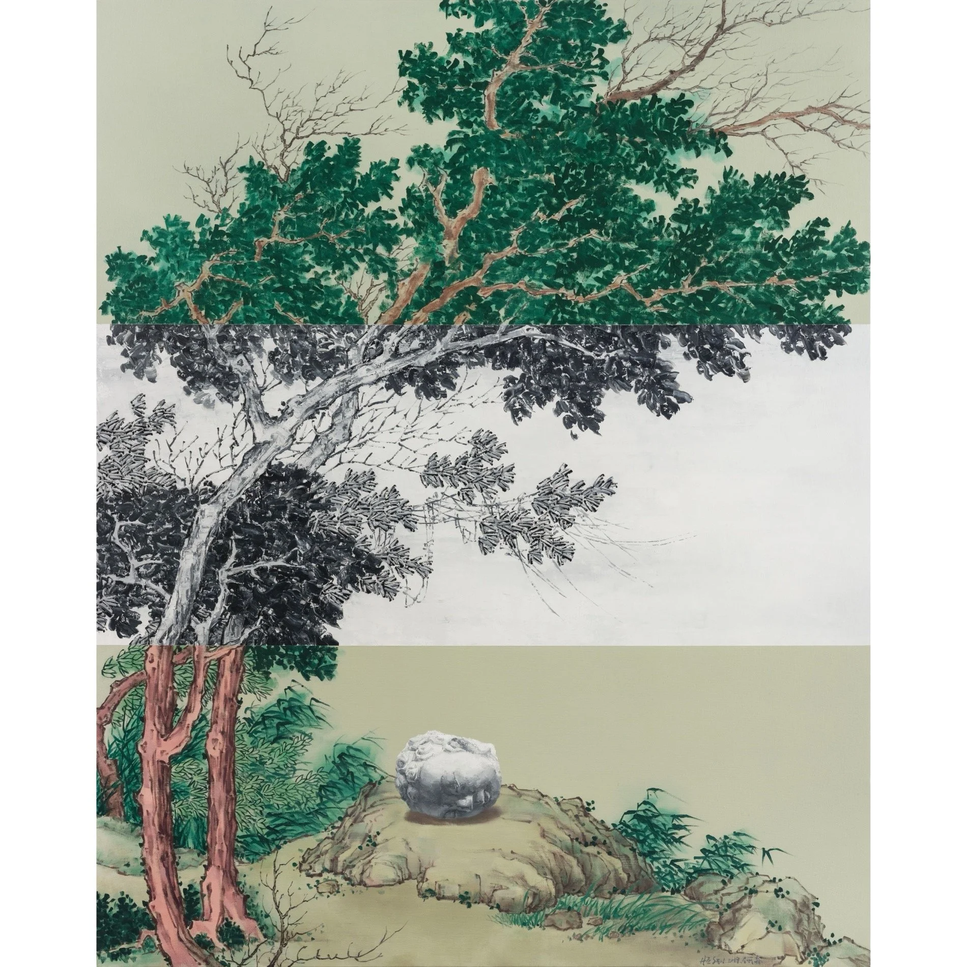  He Sen 
 A Tableau with Wind and Buddha 
 Oil on linen 
 200 x 250 cm, 2019 