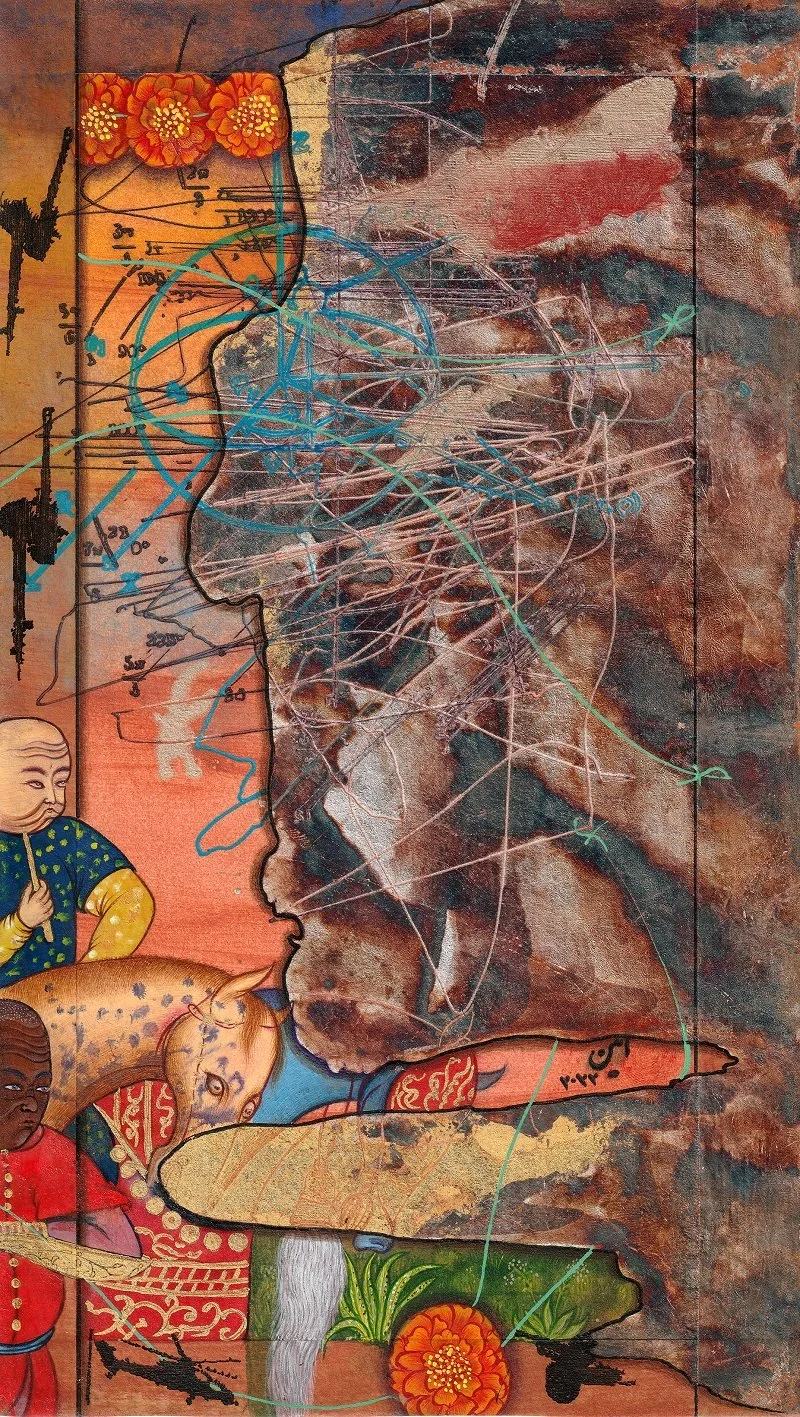 Mixed media artwork combining abstract lines, floral motifs, and figures, with detailed illustrations of faces and decorative elements.