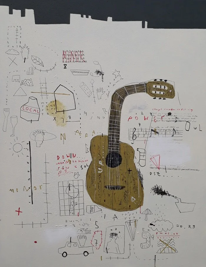  Sebelum Buku Itu Terjatuh (Before the Book Fell) 
 Acrylic, marker, pencil on canvas 
 2023 