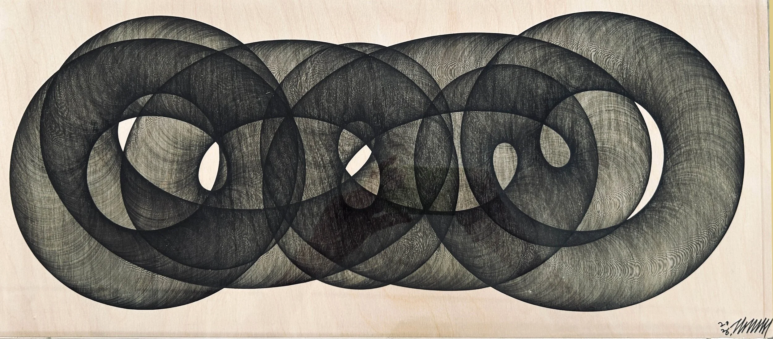  WARP8 #218 
 Pen on birchwood panel 
 63 x 28 cm (64.5 x 30cm framed), 2026 