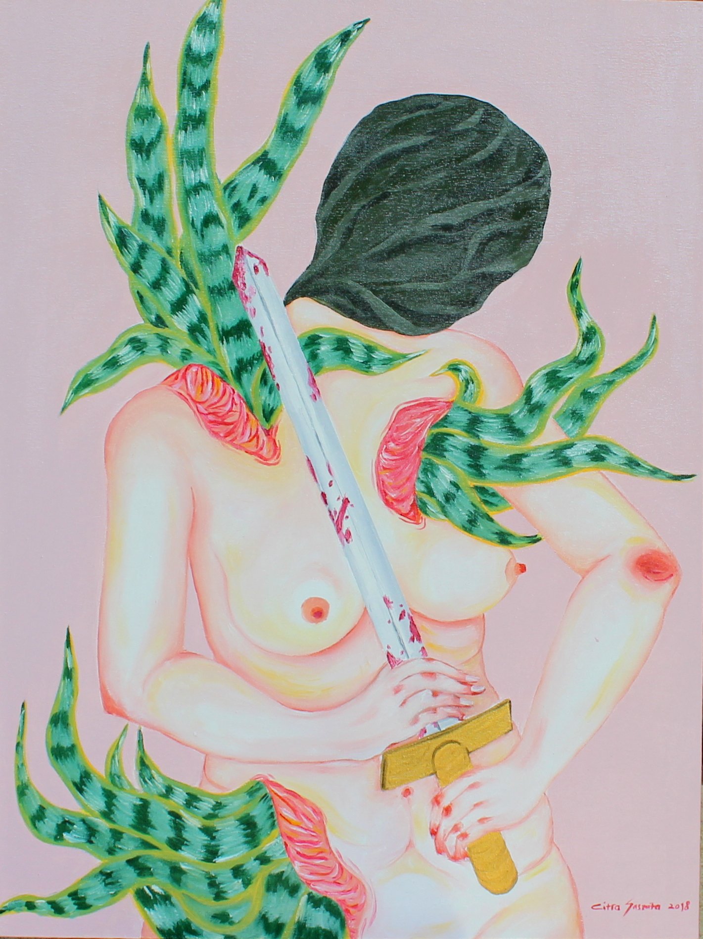 An illustration of a nude humanoid figure with green snake-like hair, holding a sword with blood splatters, and wearing yellow pants, against a pink background.