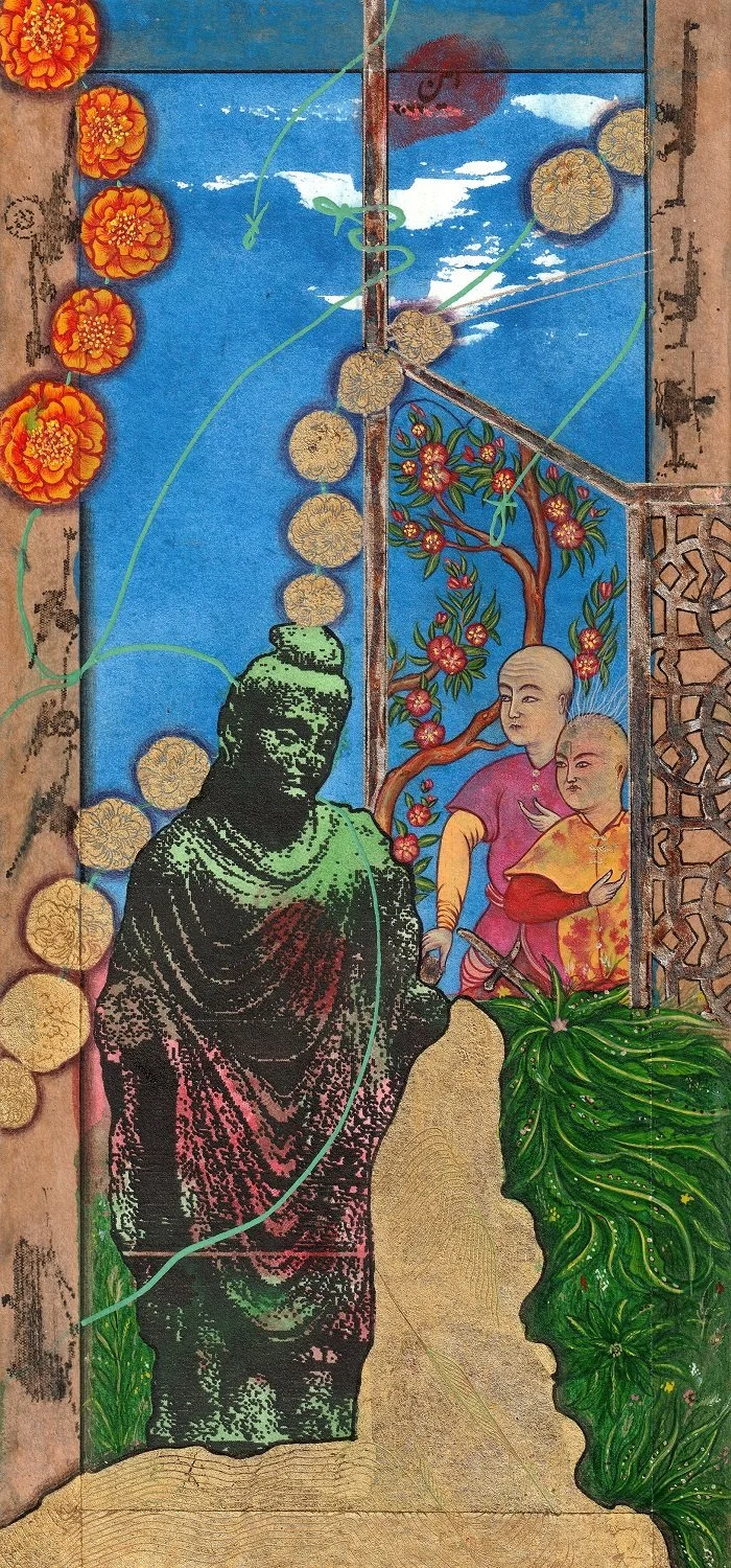 Colorful mural depicting ancient Asian statues and figures with floral and nature motifs.