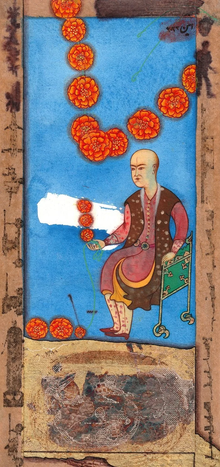 A traditional Asian painting depicts a man in colorful robes sitting on a green chair, holding a string of orange flowers. The background features a bright blue sky with more orange flowers and some handwritten Asian script along the sides.
