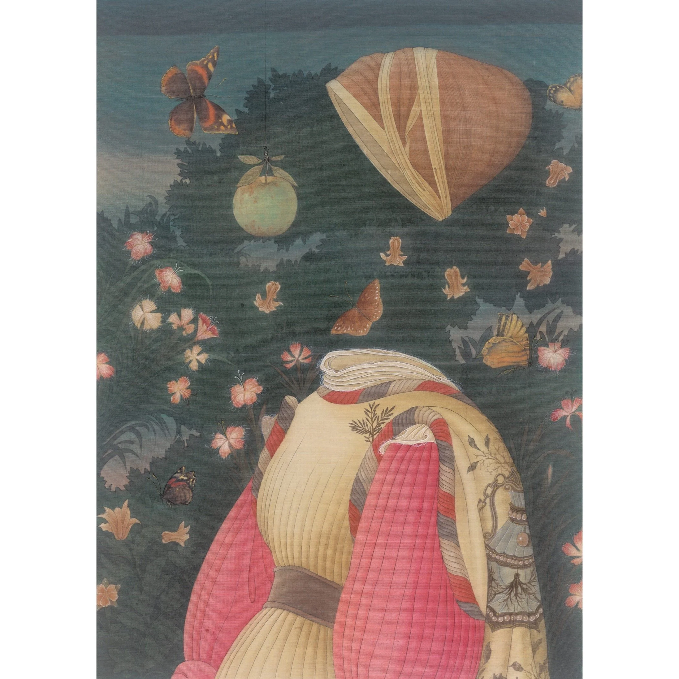  Conversation with Pisanello 
 Ink &amp; colour pigment on silk 
 65.5 x 43.5 cm, 2014 