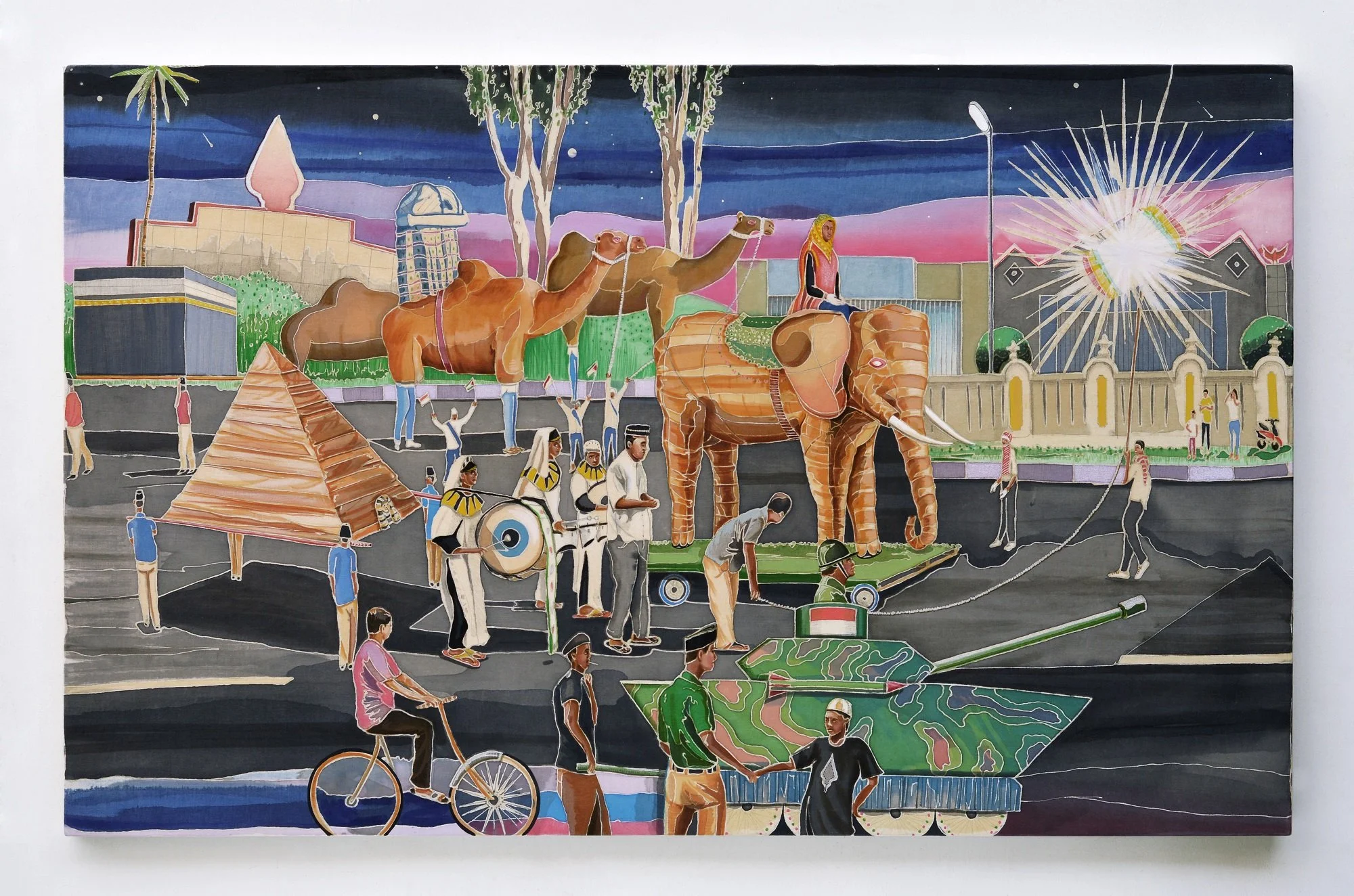 Colorful mural depicting a parade scene with camels, a woman on an elephant, a pyramid, a rainbow, and various people, set against a sky transitioning from sunset to night.
