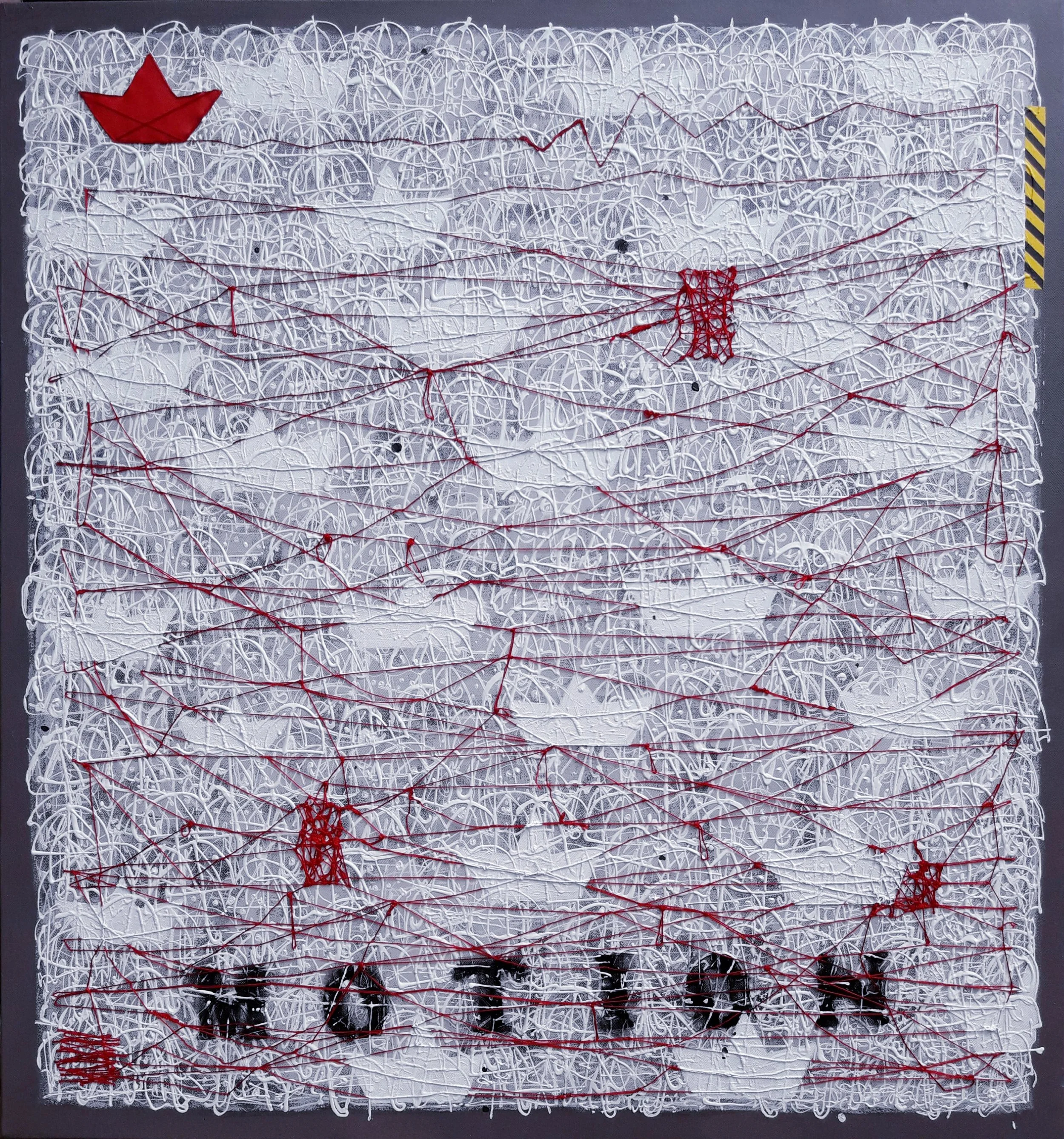  Motion 
 Acrylic, collage, spray paint, thread on canvas 
 135 cm x 145 cm, 2021 