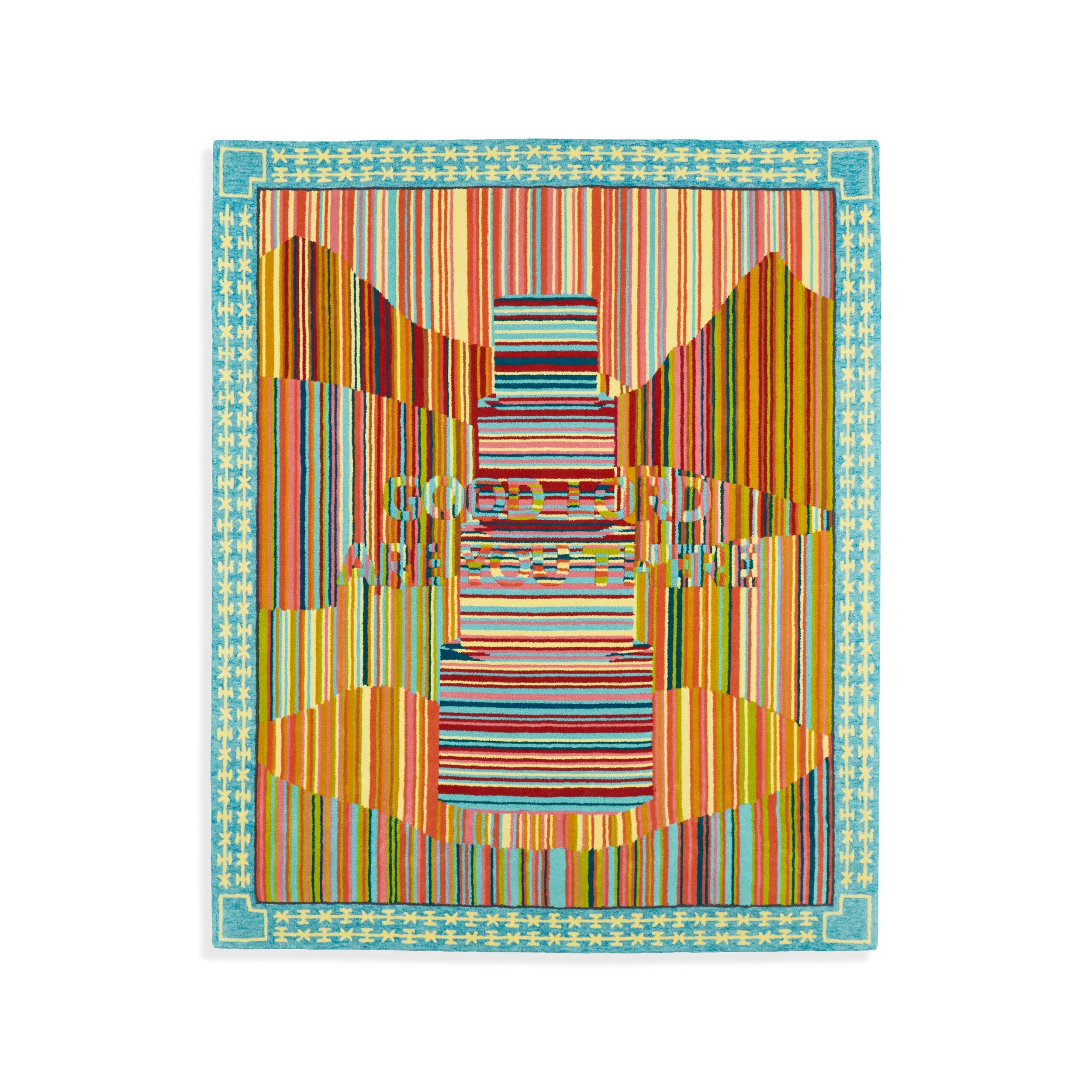 Colorful woven rug with geometric patterns in yellow, red, blue, black, and green, featuring a central staircase design and a border with star-like motifs on a light blue background.