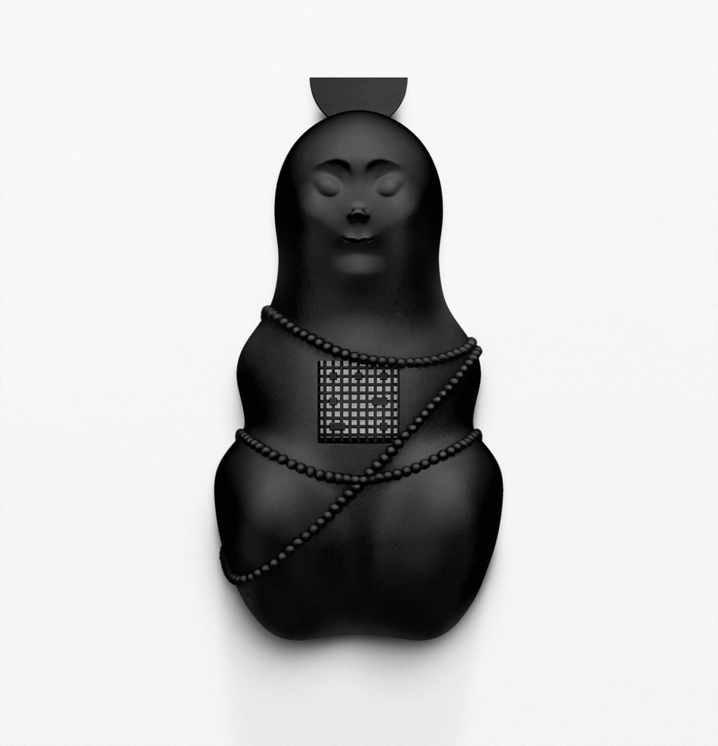 Black abstract sculpture of a stylized female figure with pearl necklaces and geometric embellishments on a white background.