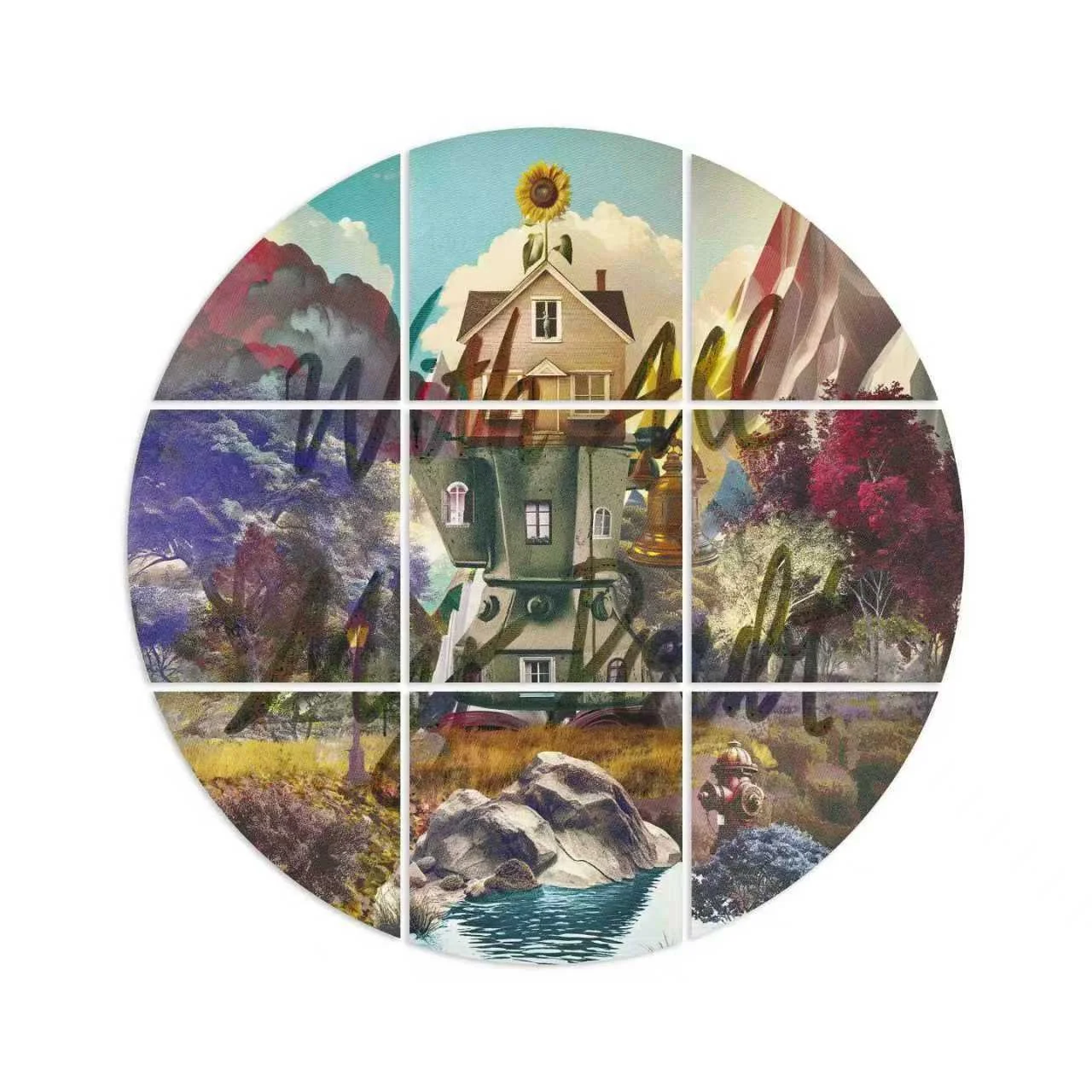 A circular collage of nature and a house with a sunflower on top, divided into nine sections, with a background of trees, rocks, water, and a fire hydrant.
