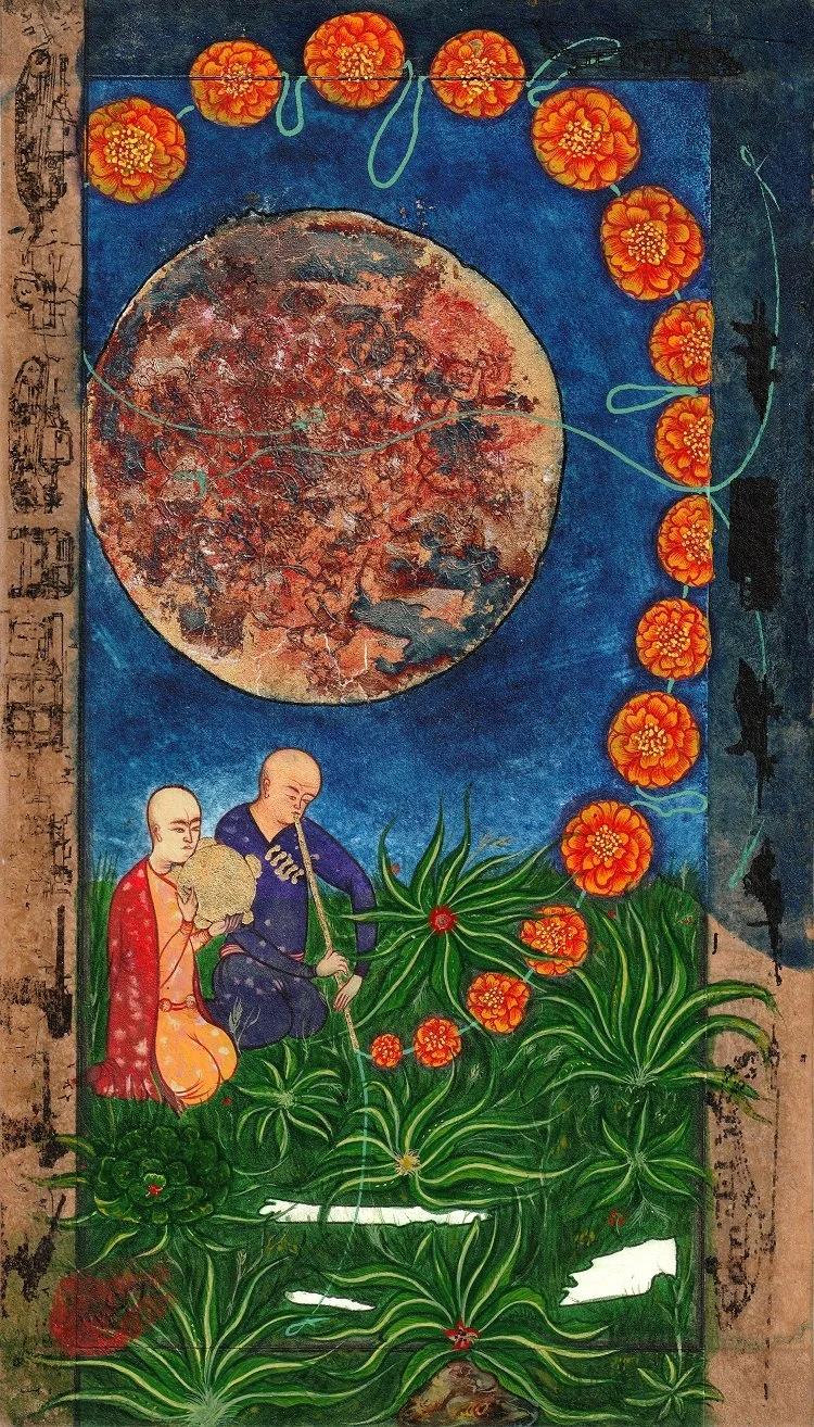A traditional Asian painting depicting two monks seated among green plants with orange flowers. One monk is holding a large rock and the other is touching a plant. A large, textured moon or sun is in the dark blue sky above them, and orange flowers w