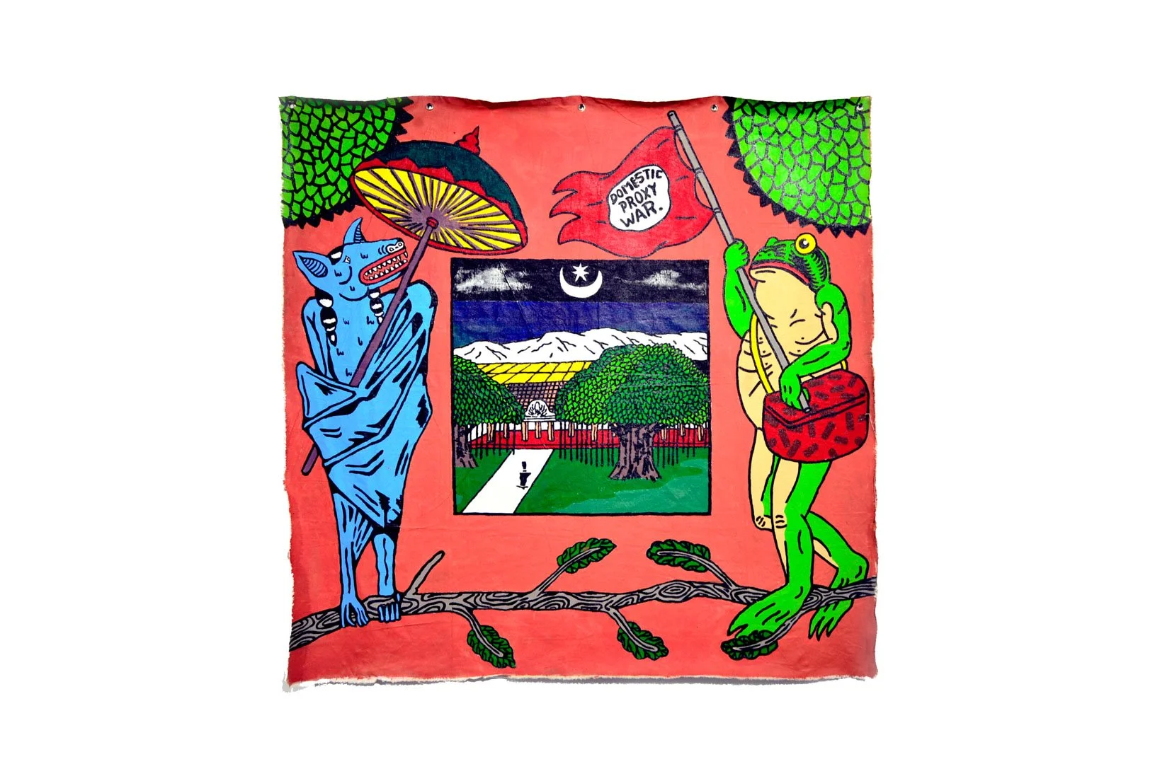 A colorful illustration featuring a blue pig holding an umbrella on the left, and a green frog with a red bag on the right, with a framed landscape of trees, mountains, and a night sky with a moon in the center. The pig is dressed in a robe and has a