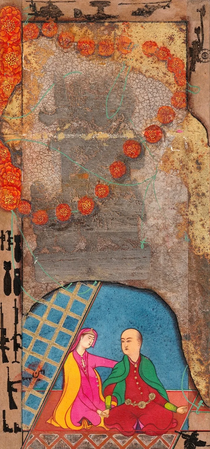 A colorful traditional painting depicting a man and woman sitting together with a decorative background of orange flowers and blue lattice patterns.