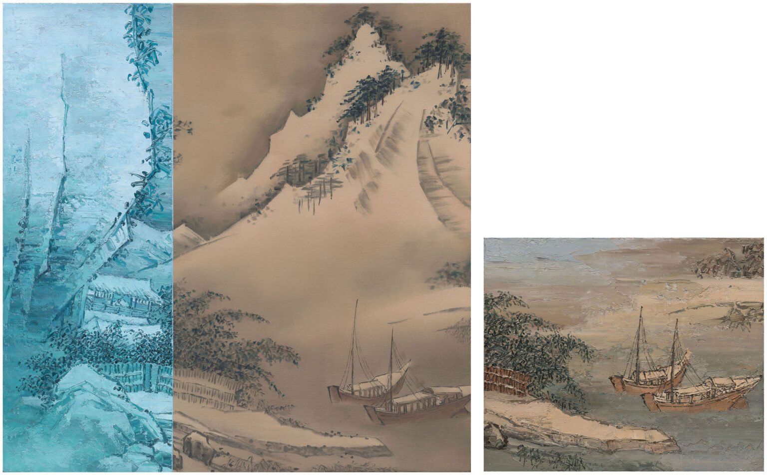  The Boat is Coming Back from Snow River 
 Oil on canvas 
 100 x 100 cm & 50 x 60 cm (2 panels), 2016 