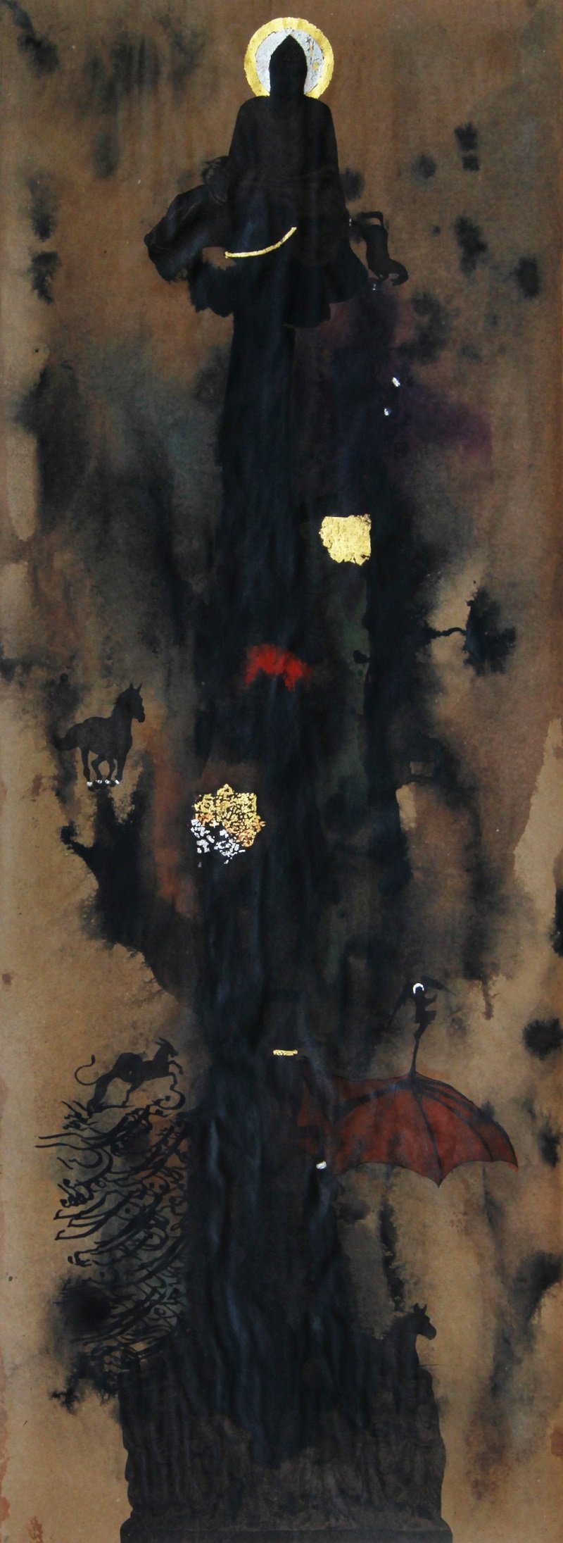 A tall black silhouette of a figure with a halo behind the head, holding an umbrella and a bag, standing on a dark, abstract background with smaller animal and human silhouettes.