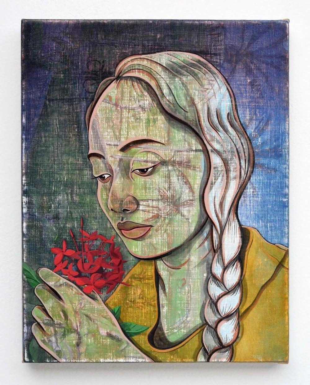A painting of a woman with long braided hair, holding red flowers, with a textured background.