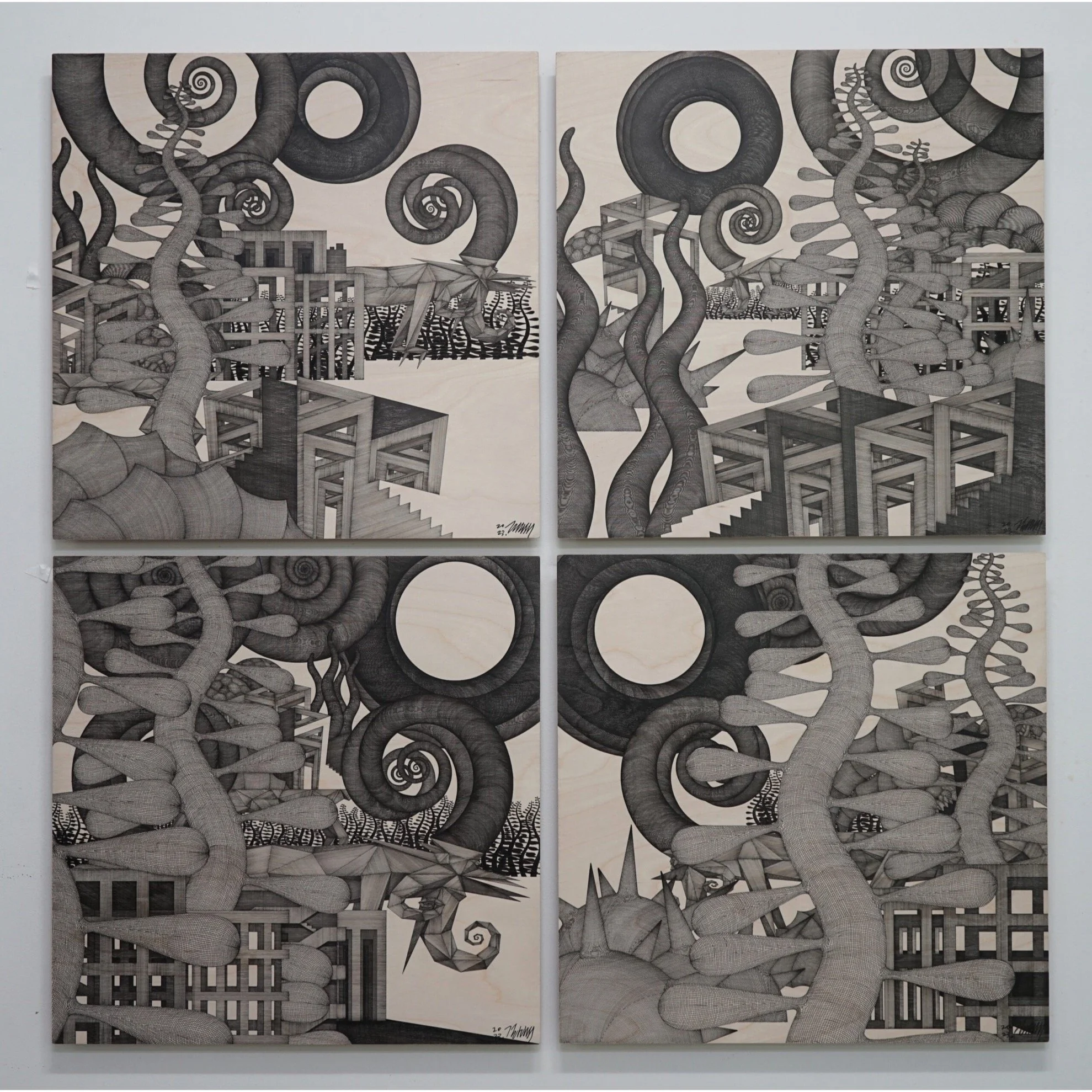  Midsummer Day’s Dream #121 – 124 
 Pen on birchwood panel 
 40cm x 40cm x 4, 2023 