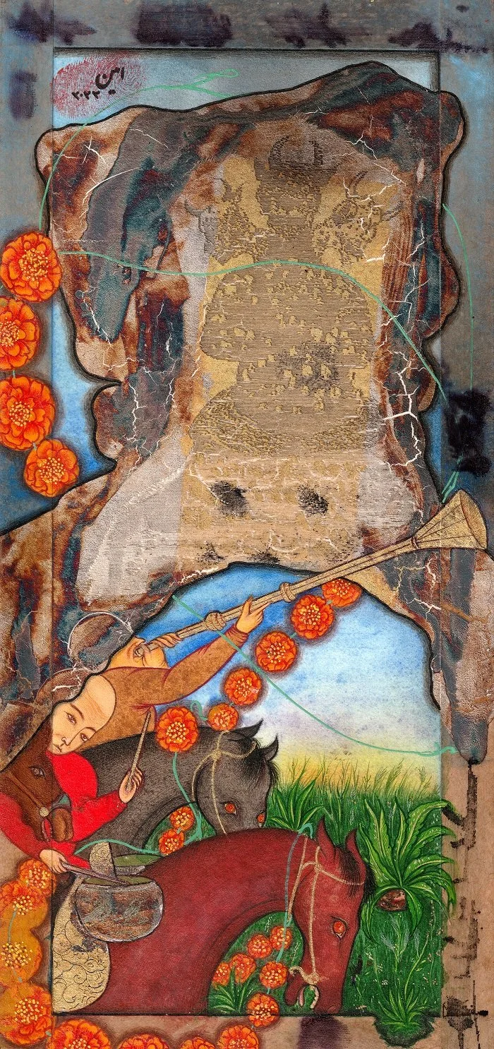 A colorful mural depicting a mystical scene with a large, weathered scroll or mural painting at the top, surrounded by flowers, horses, and a figure holding a broom or rake. The scene features a blend of traditional and fantastical elements with brig