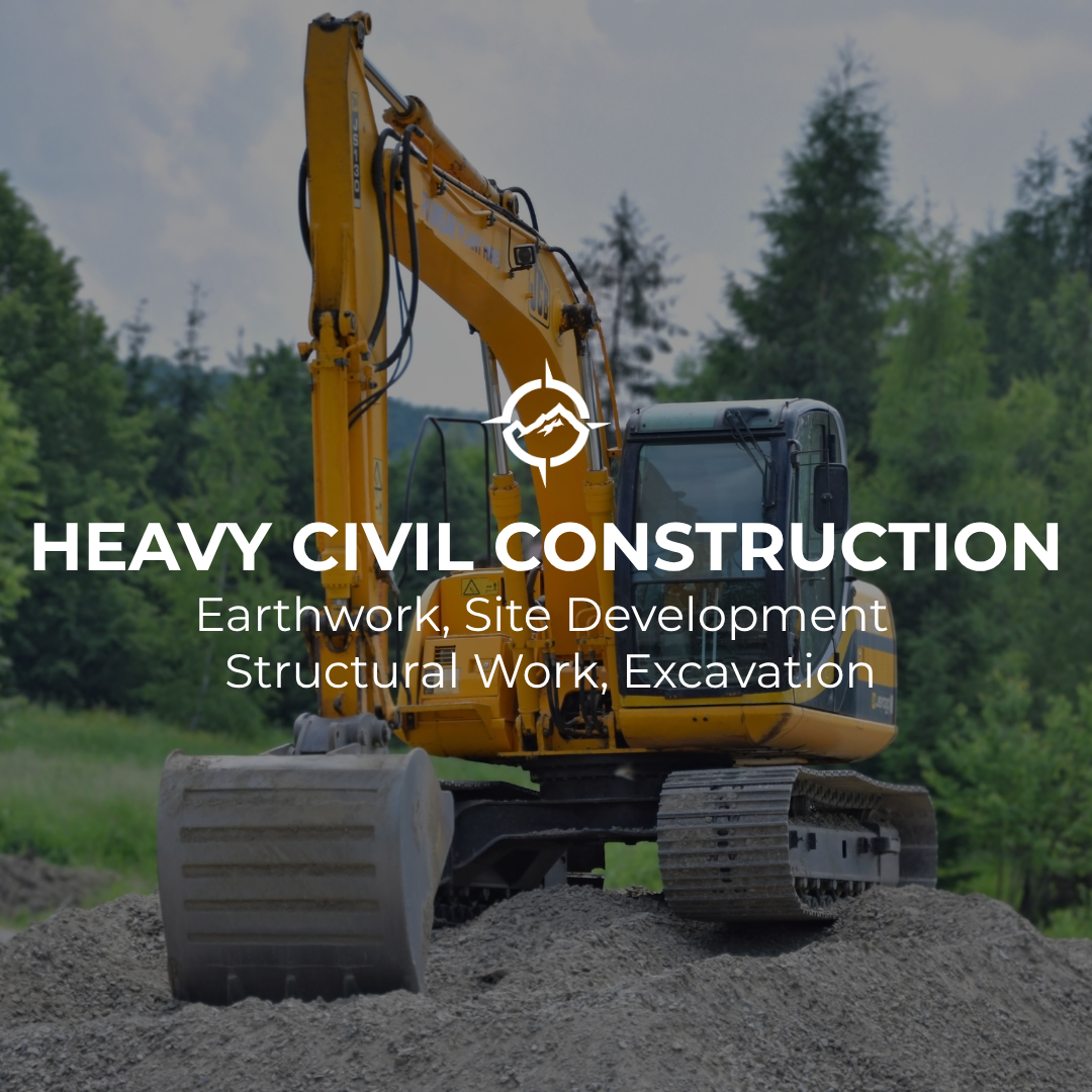 A yellow excavator working on a construction site with green trees in the background, promoting heavy civil construction services.