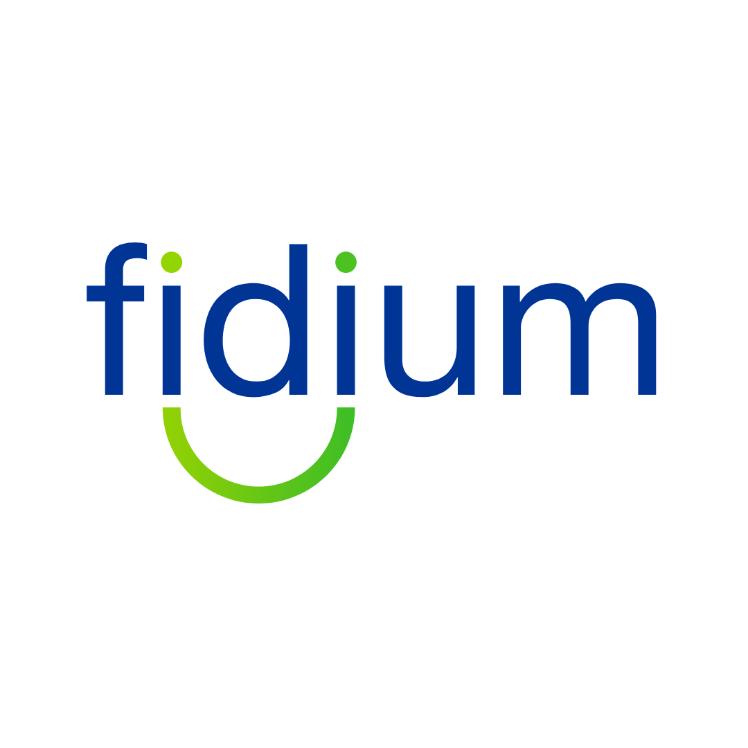 Logo with the word 'fidium' in blue lowercase letters, with a green curved line underneath the letter 'u' resembling a smile, and green dots above the 'i's.
