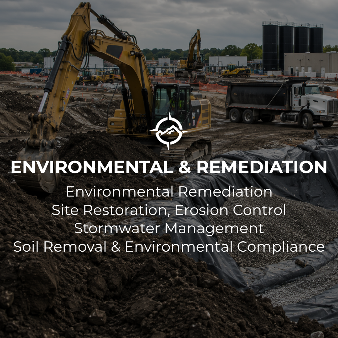 Construction site with excavators, dump trucks, and soil containment measures, under cloudy skies, focusing on environmental remediation activities.