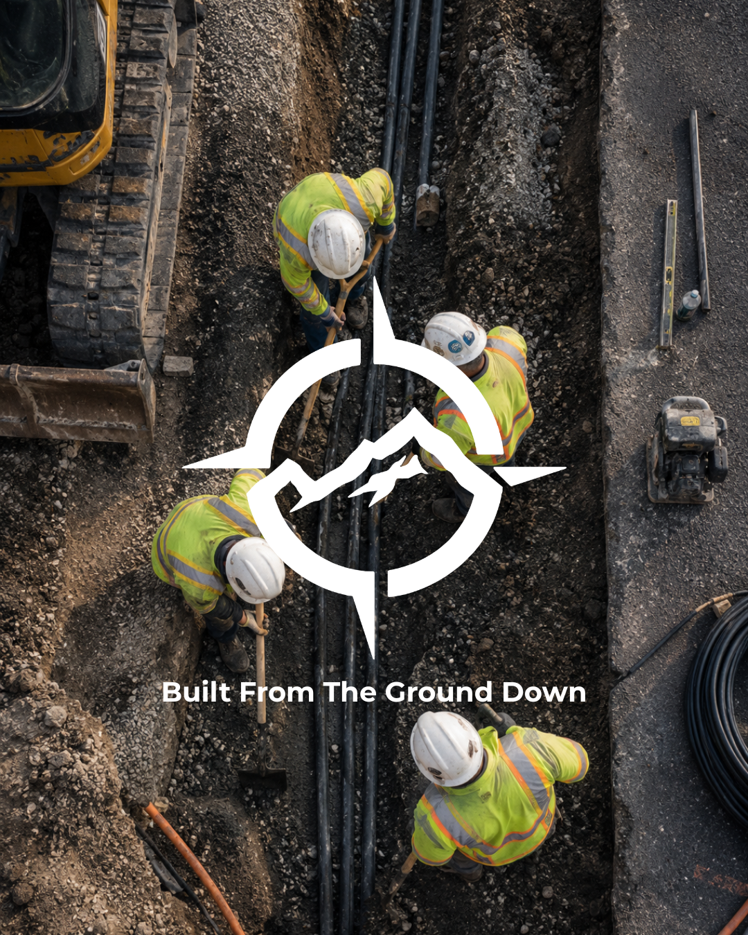 Construction workers in safety gear laying underground pipes in a trench at a construction site.