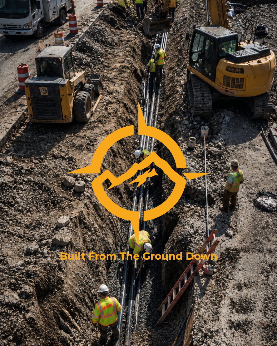 Construction workers installing underground pipelines in a trench, with construction equipment and safety cones around them.