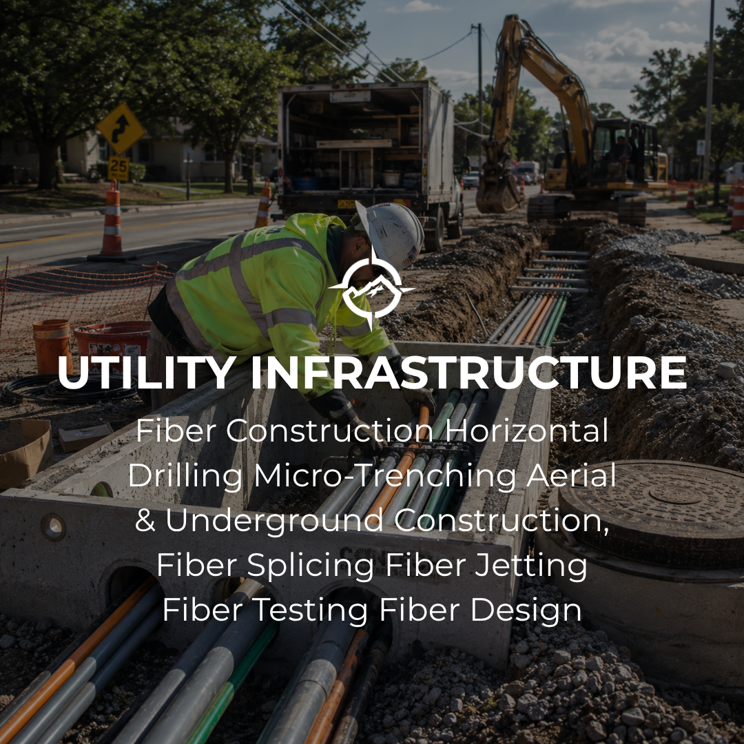 Construction worker in a yellow safety vest and helmet working on utility infrastructure with pipes, excavation, and construction equipment on a street