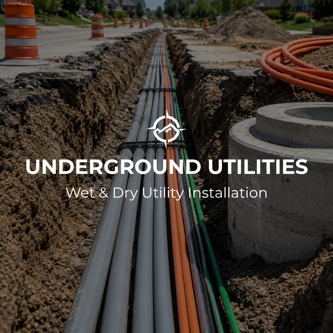 Construction site with underground utility installation, showing pipes and cables in a trench along a street, with orange traffic cones and a pile of dirt nearby.