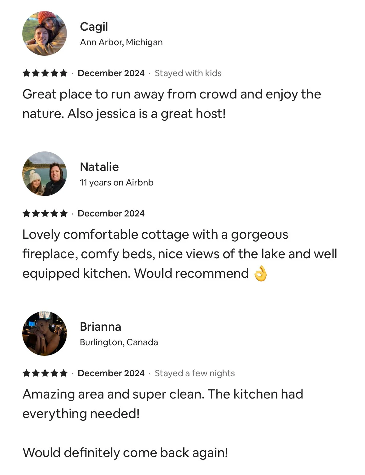 Screenshot of positive reviews from three travelers about a vacation rental in Ann Arbor, Michigan, featuring comments on the outdoor setting, cozy cottage, and cleanliness.