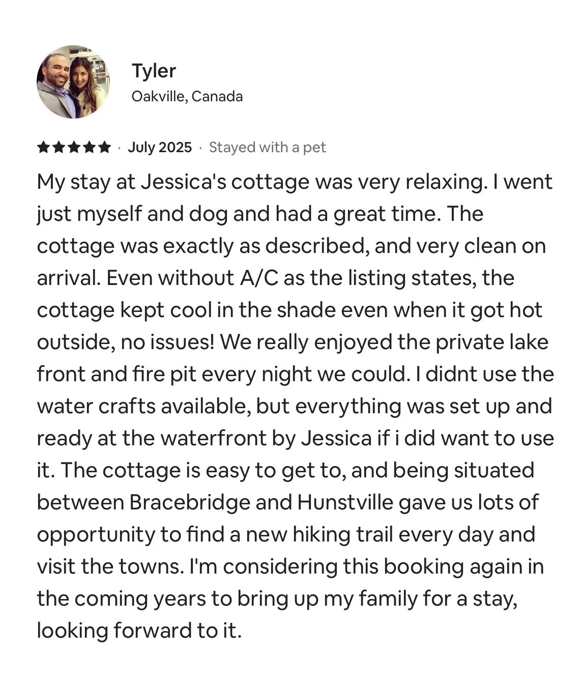 Screenshot of a review by Tyler from Oakville, Canada, dated July 2025, describing a positive stay at Jessica's cottage. The review mentions the cottage's cleanliness, cool temperature without A/C, private lakefront location, and nearby hiking trails