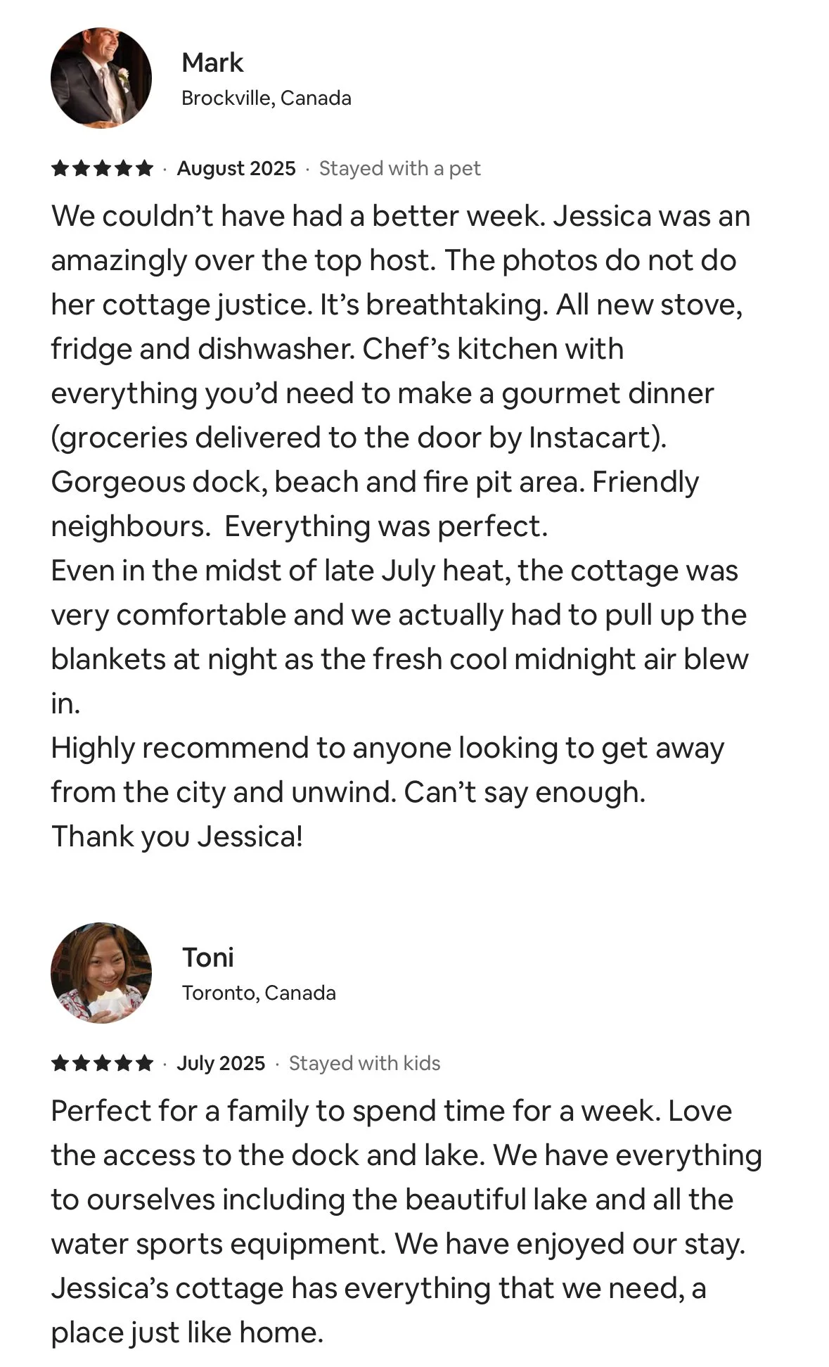 Screenshot of two five-star reviews for a cottage rental. The first review by Mark from Brockville, Canada, describes a perfect stay with a well-equipped kitchen, new appliances, scenic dock, beach, fire pit, and comfortable cottage in July. The seco