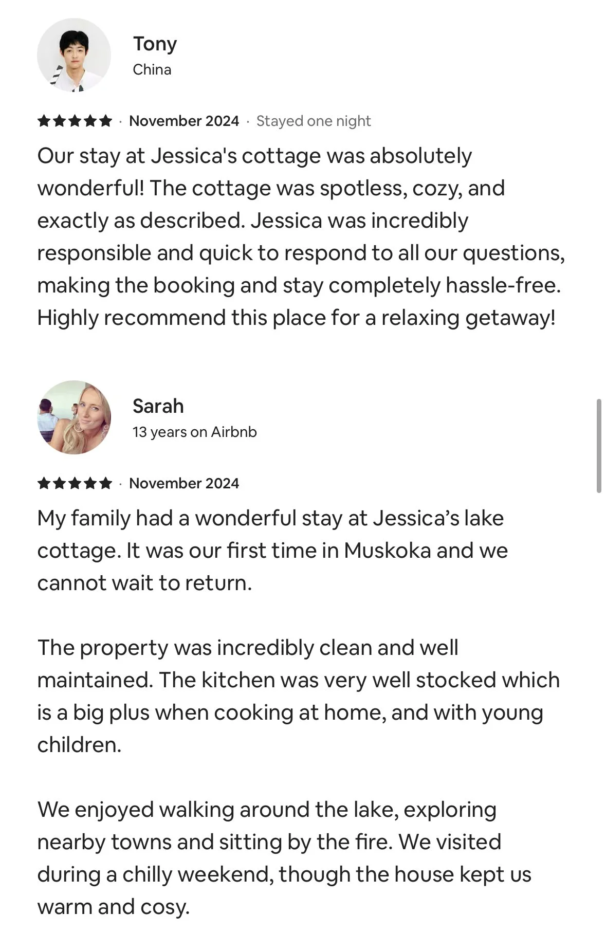Screenshot of two positive reviews for a stay at Jessica's cottage in Muskoka, including comments about the cleanliness, location, and amenities.