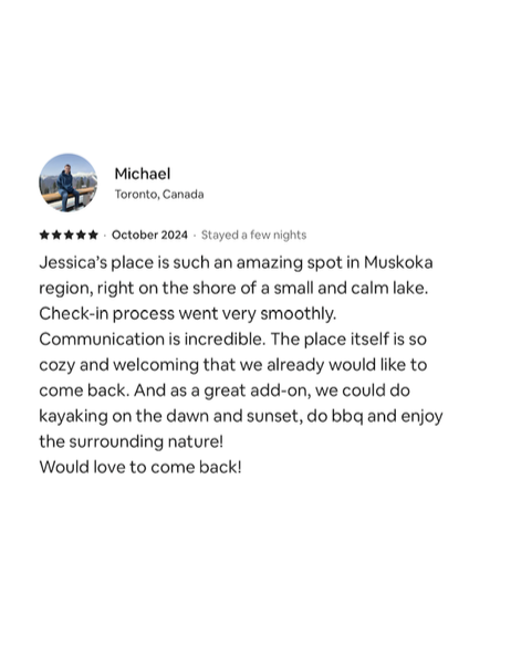 Screenshot of a guest review by Michael, praising Jessica's place in Muskoka, Canada, highlighting its cozy atmosphere, great communication, and outdoor activities.