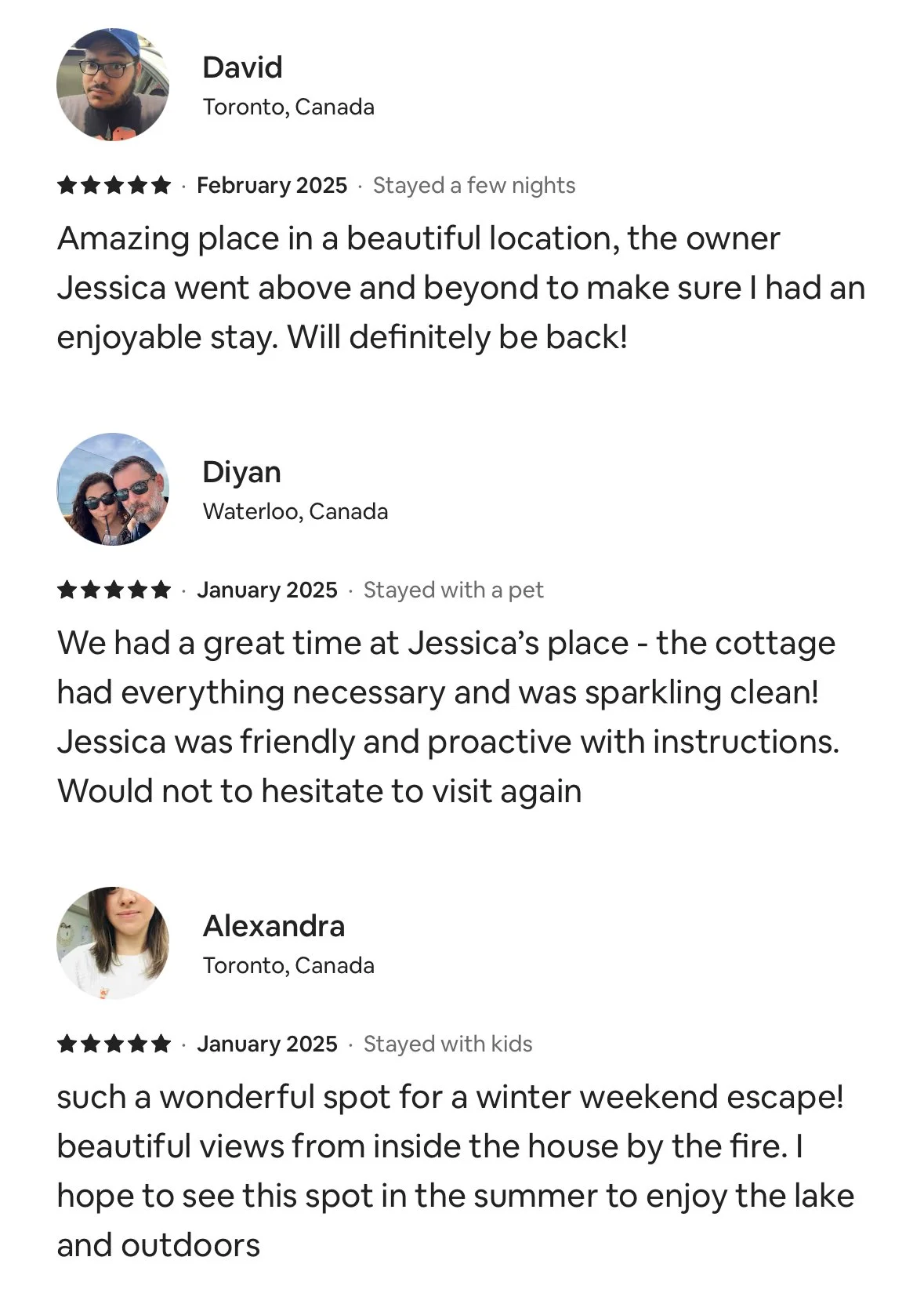 Screenshot of three reviews from travelers in Canada. The reviews mention a cottage, a stay with a pet, and a view from inside a house by a fire, highlighting a scenic location near a lake for outdoor activities.