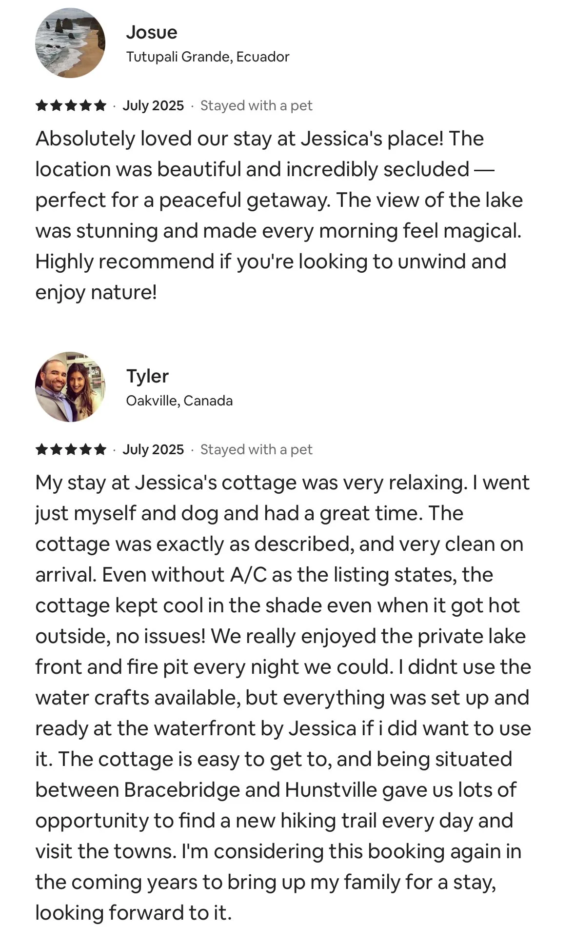 Reviews describing a stay at Jessica's cottage near a private lake, with scenic views and outdoor activities in a secluded location.