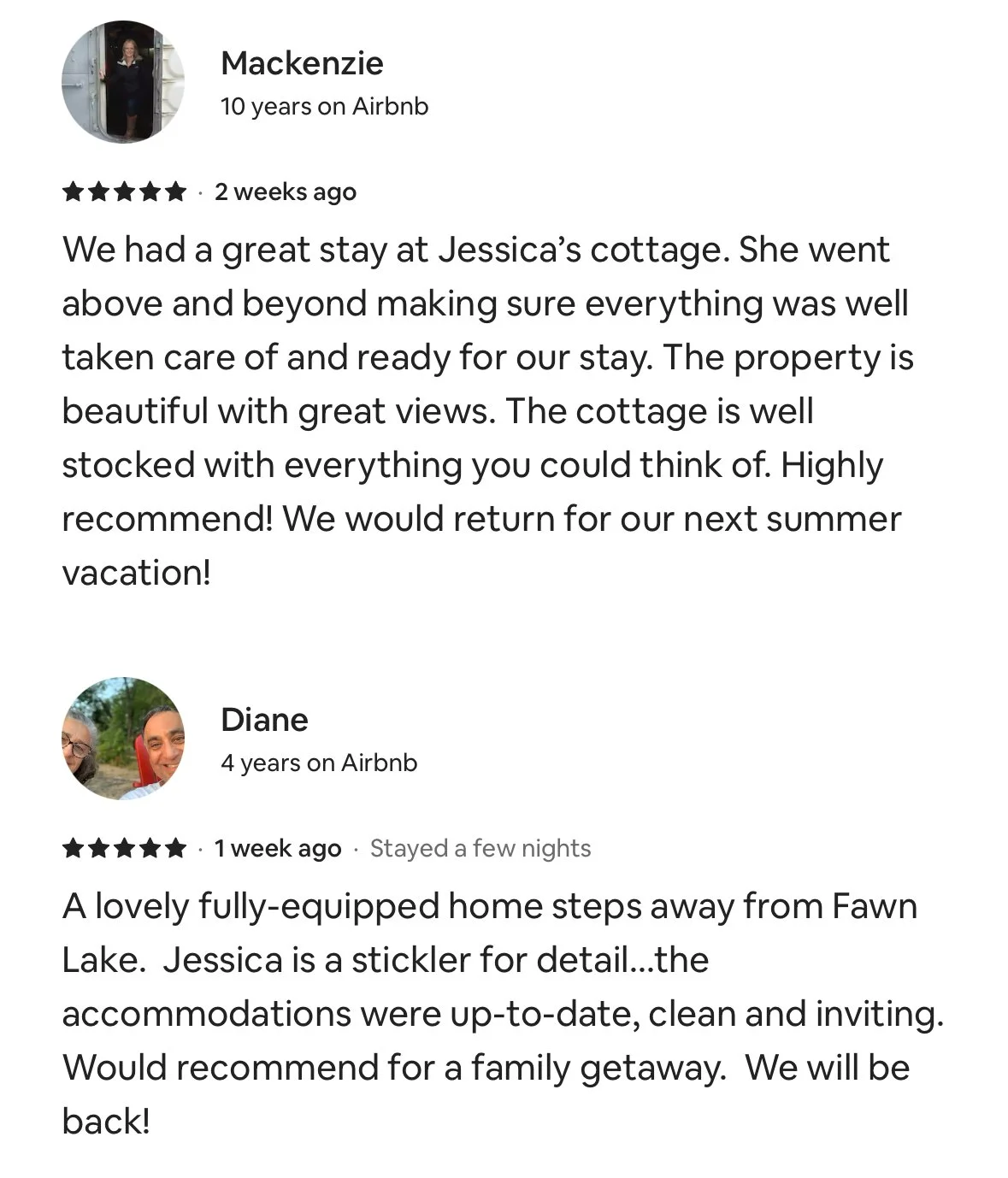 Screenshots of two Airbnb reviews, one from Mackenzie describing her great stay at Jessica's cottage, and one from Diane praising the fully-equipped home steps from Fawn Lake.