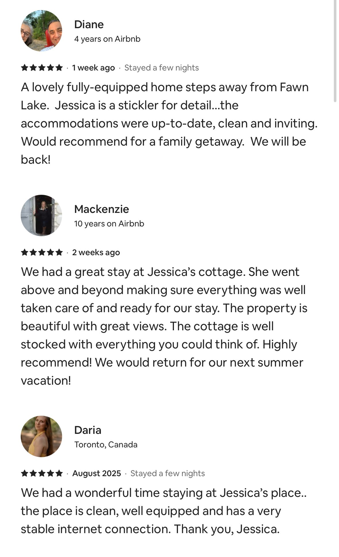 Screenshots of three Airbnb guest reviews for a property near Fawn Lake. The reviews praise the fully equipped home, the cottage's views, cleanliness, and Jessica's hospitality.
